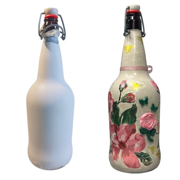 Hand Painted, Decoupaged and Clay Molded Flip Top Glass Bottle Vintage 3D Roses - Picture 15 of 15